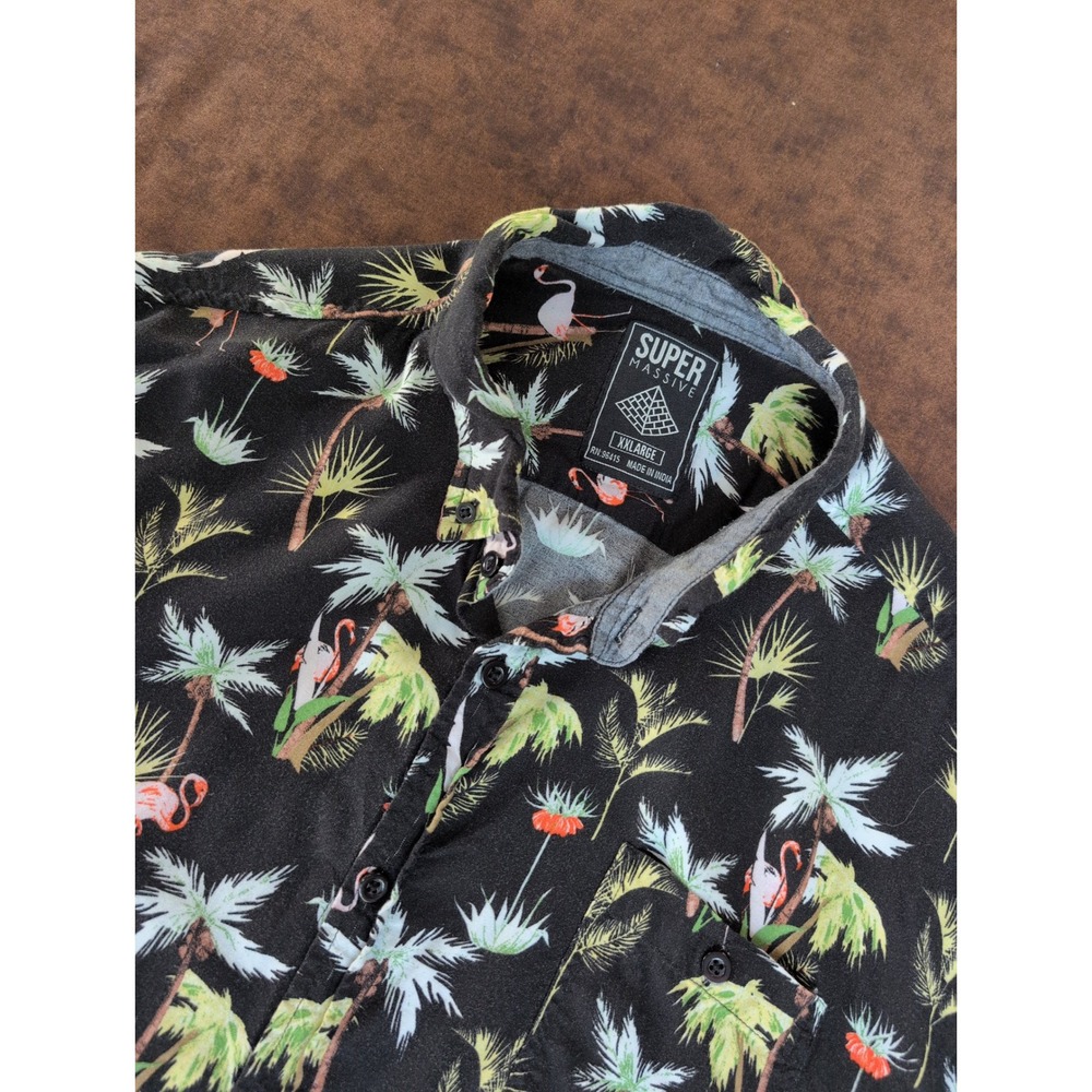 Super Massive Mens XXL‎ Black Tropical Flamingo Palm Tree Button Down Shirt XXL